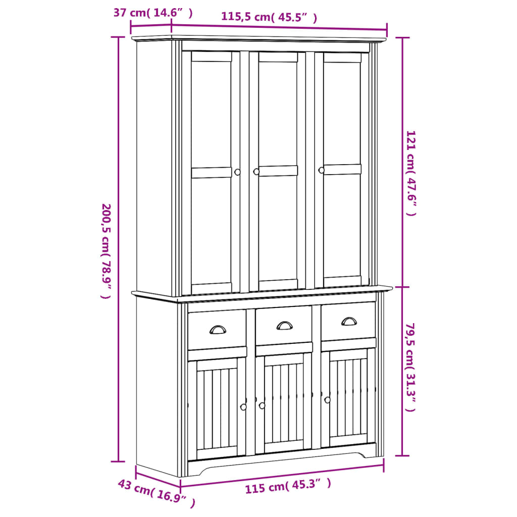 Vitrineskap BODO Hvit 115,5x43x200,5 cm heltre furu