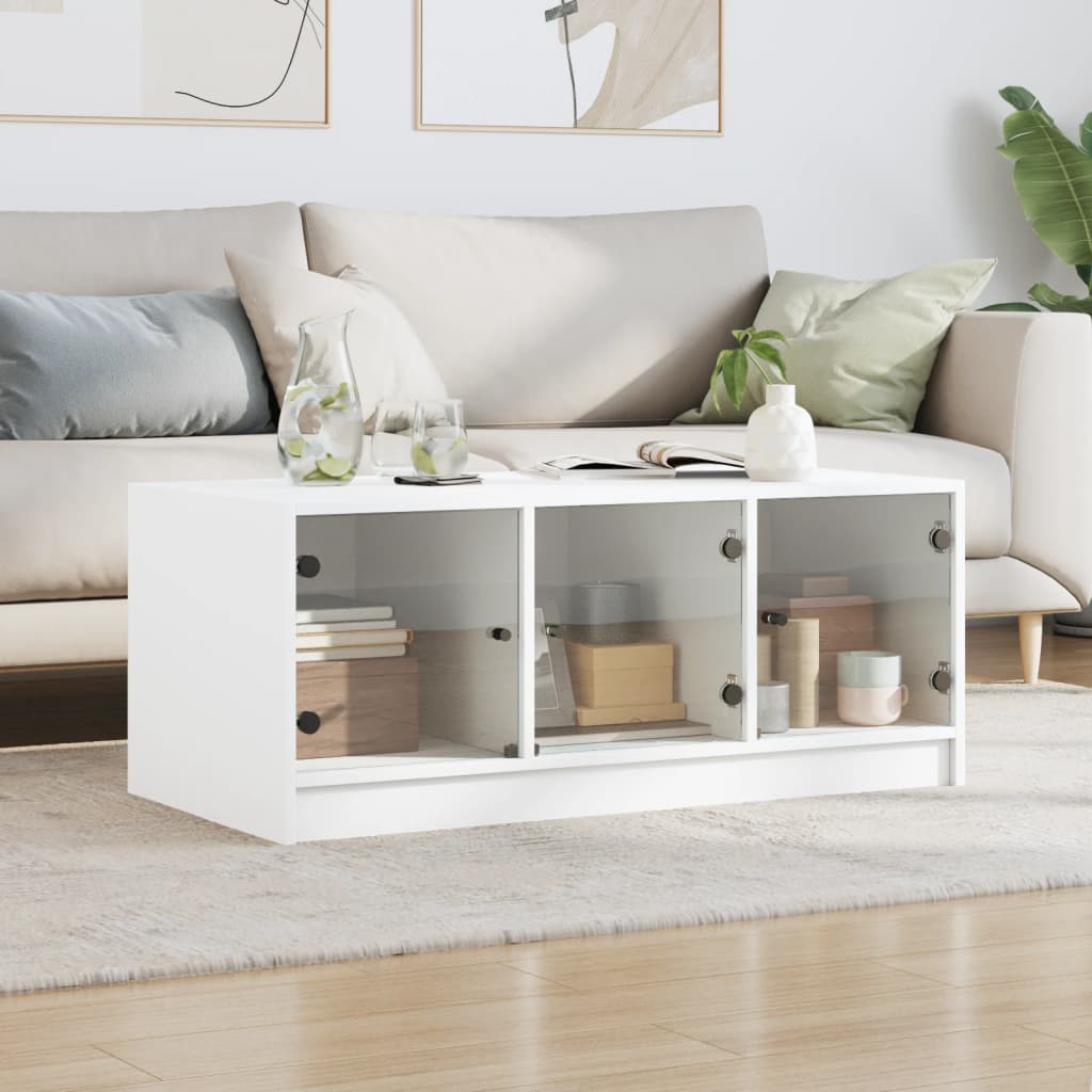 Salongbord Sofabord Hvit med glassdører 102x50x42 cm