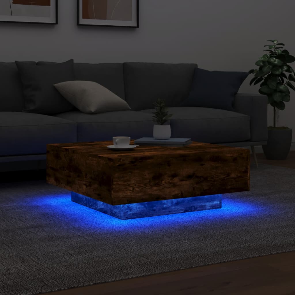 Salongbord Sofabord Røkt Eik med LED-lys 80x80x31 cm