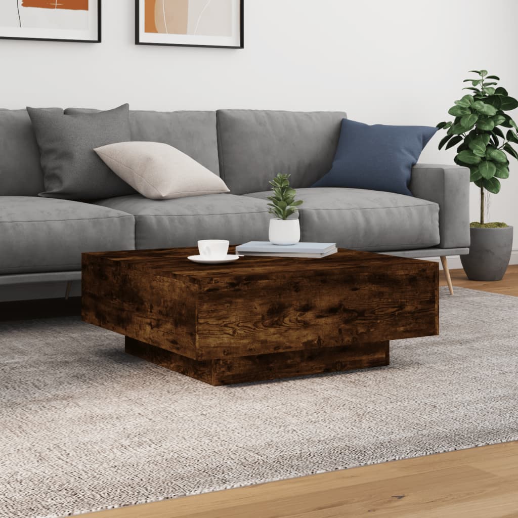 Salongbord Sofabord Røkt Eik med LED-lys 80x80x31 cm