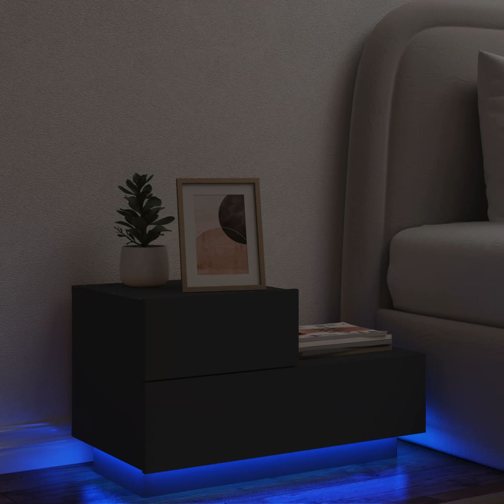 Nattbord Sengbord Svart med LED 70x36x40,5 cm