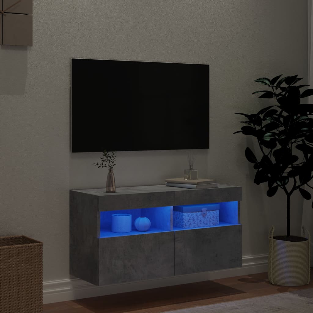 TV-Møbel Betonggrå Vegghengt TV-benk med LED-lys 80x30x40 cm