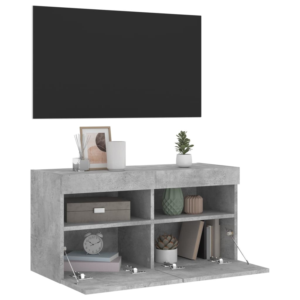 TV-Møbel Betonggrå Vegghengt TV-benk med LED-lys 80x30x40 cm