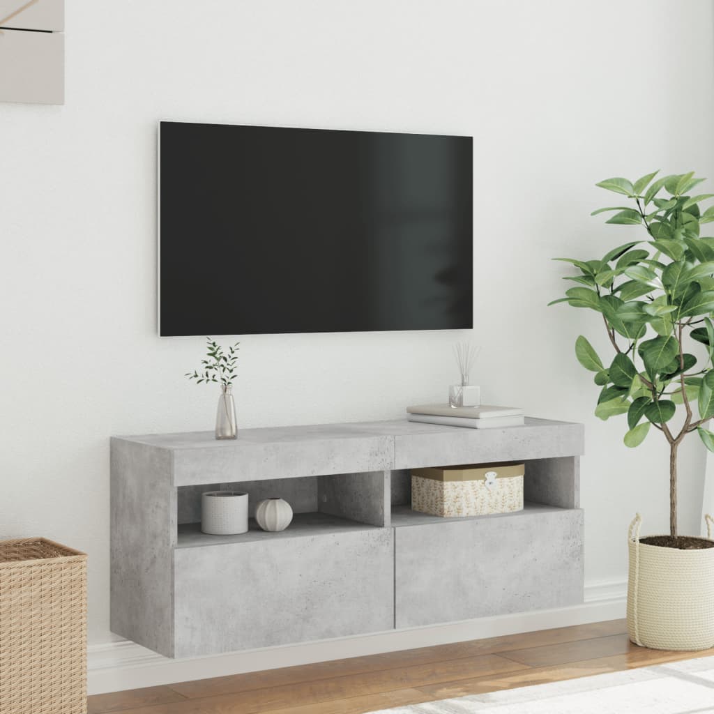TV-Møbel Betonggrå Vegghengt TV-benk med LED-lys 100x30x40 cm