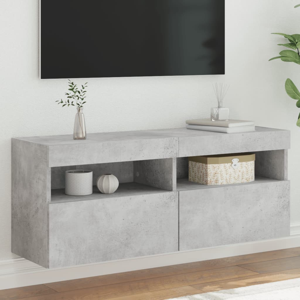 TV-Møbel Betonggrå Vegghengt TV-benk med LED-lys 100x30x40 cm