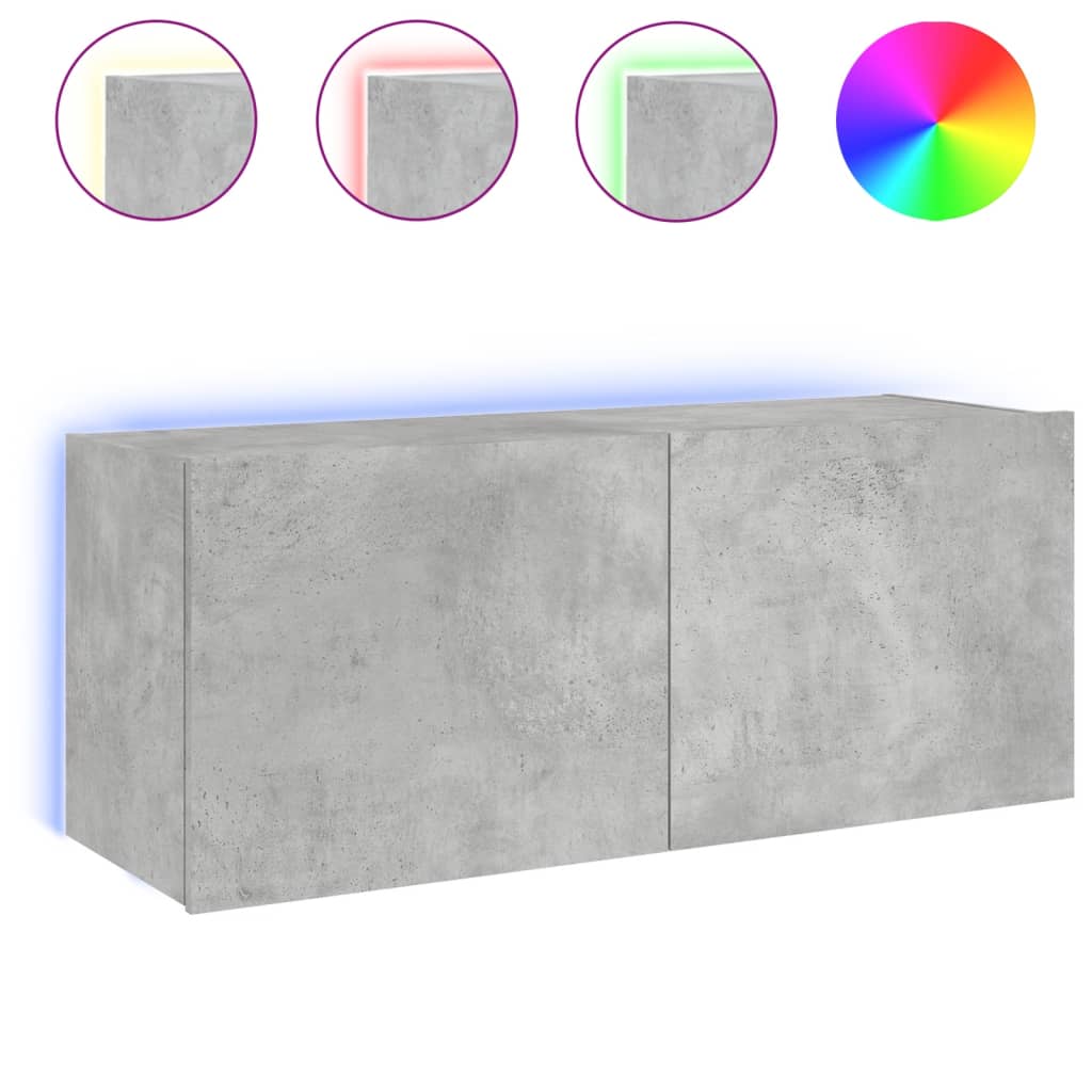 TV-Møbel Betonggrå Vegghengt TV-benk med LED-lys 100x35x41 cm