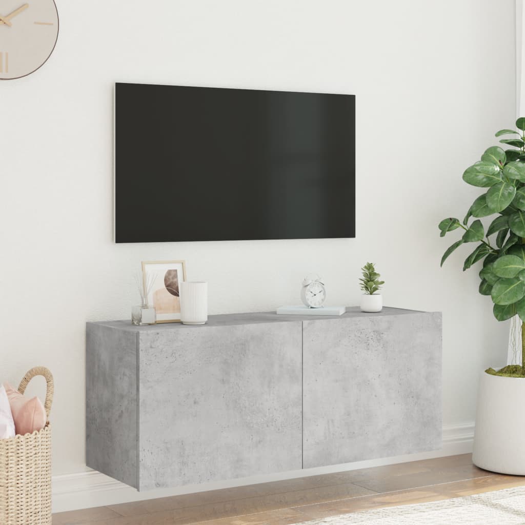 TV-Møbel Betonggrå Vegghengt TV-benk med LED-lys 100x35x41 cm
