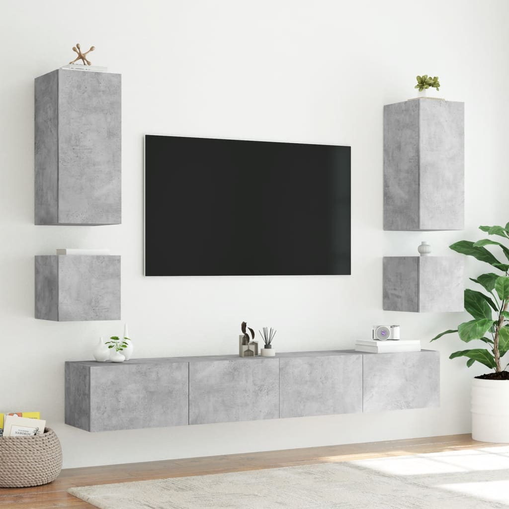 TV-Møbel Betonggrå Vegghengt TV-benk med LED-lys 100x35x41 cm