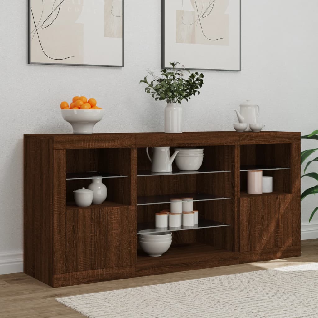 Skjenk Brun Eik med LED-lys 142,5x37x67 cm