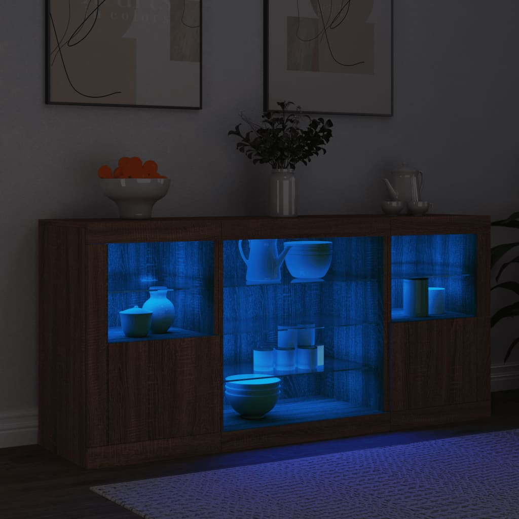 Skjenk Brun Eik med LED-lys 142,5x37x67 cm