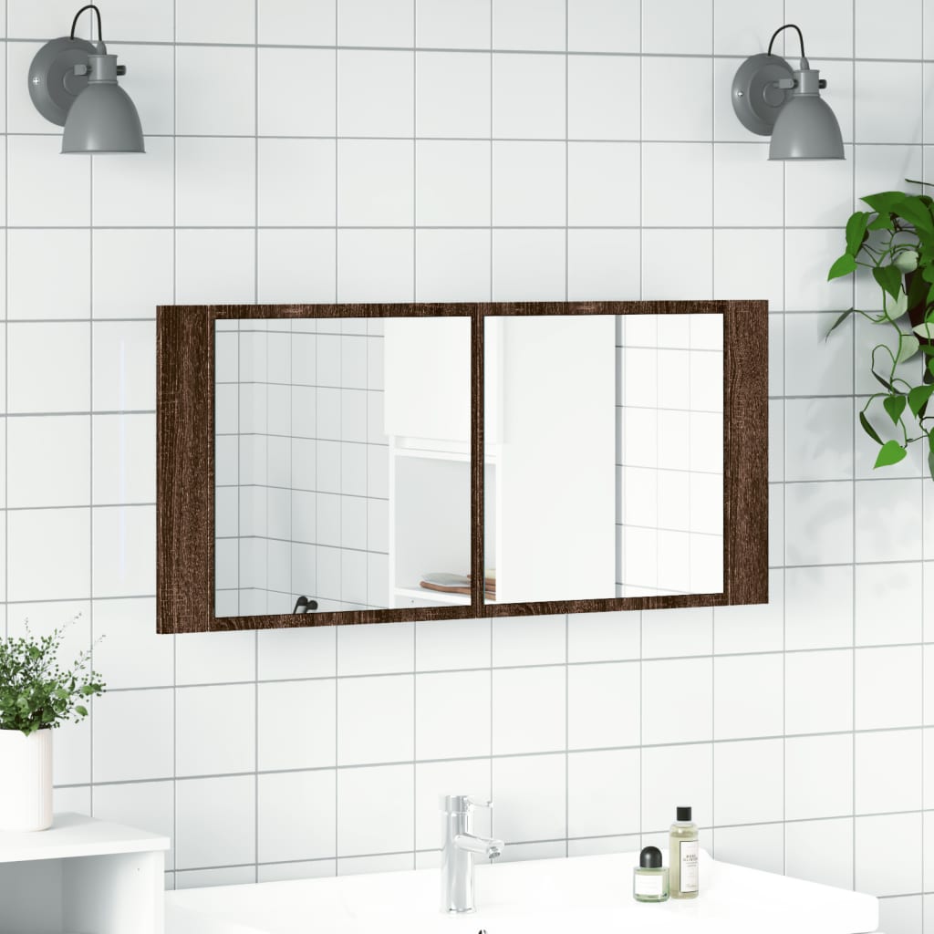 Baderomsspeil LED Speilskap for baderom Brun Eik 100x12x45 cm