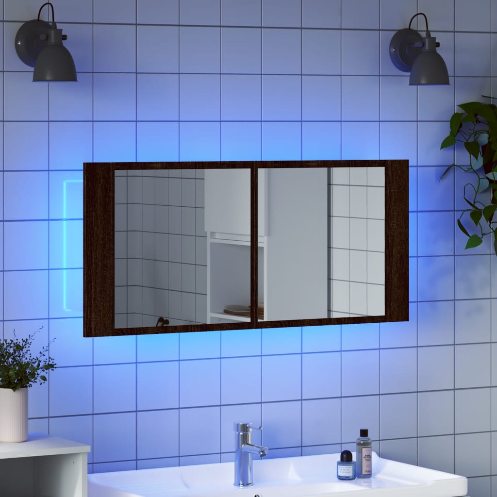 Baderomsspeil LED Speilskap for baderom Brun Eik 100x12x45 cm