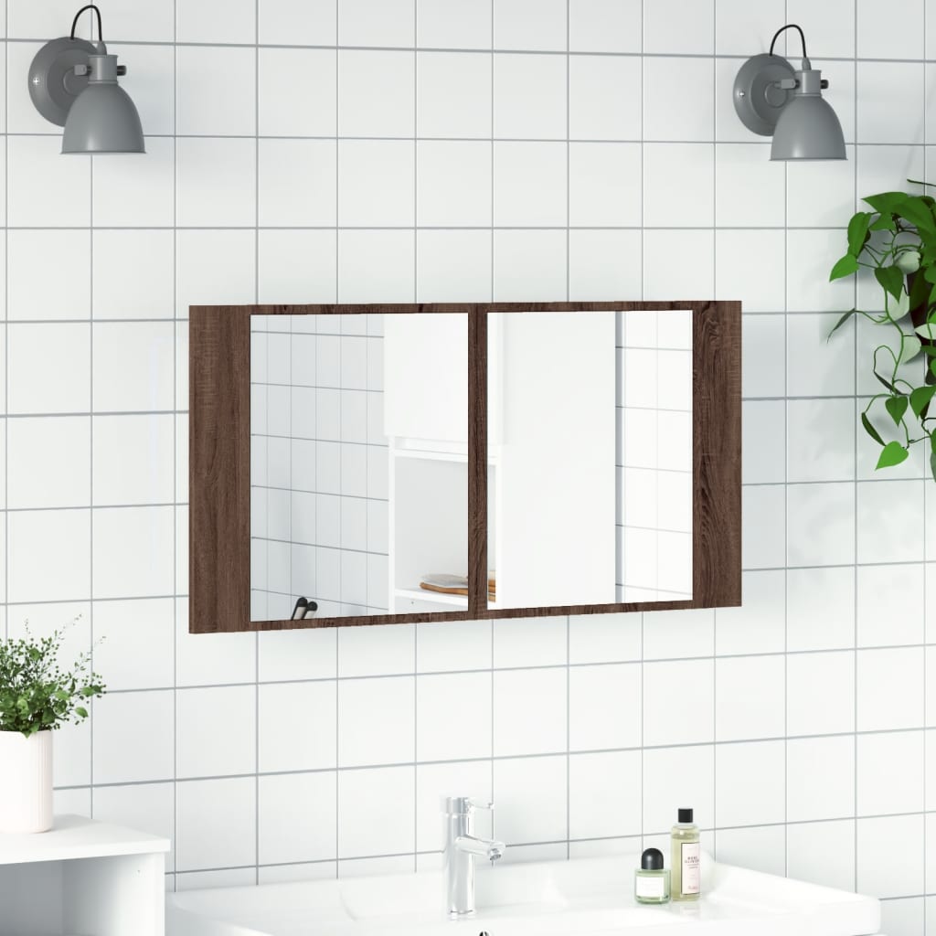 Baderomsspeil LED Skap Brun Eik 90x12x45 cm akryl