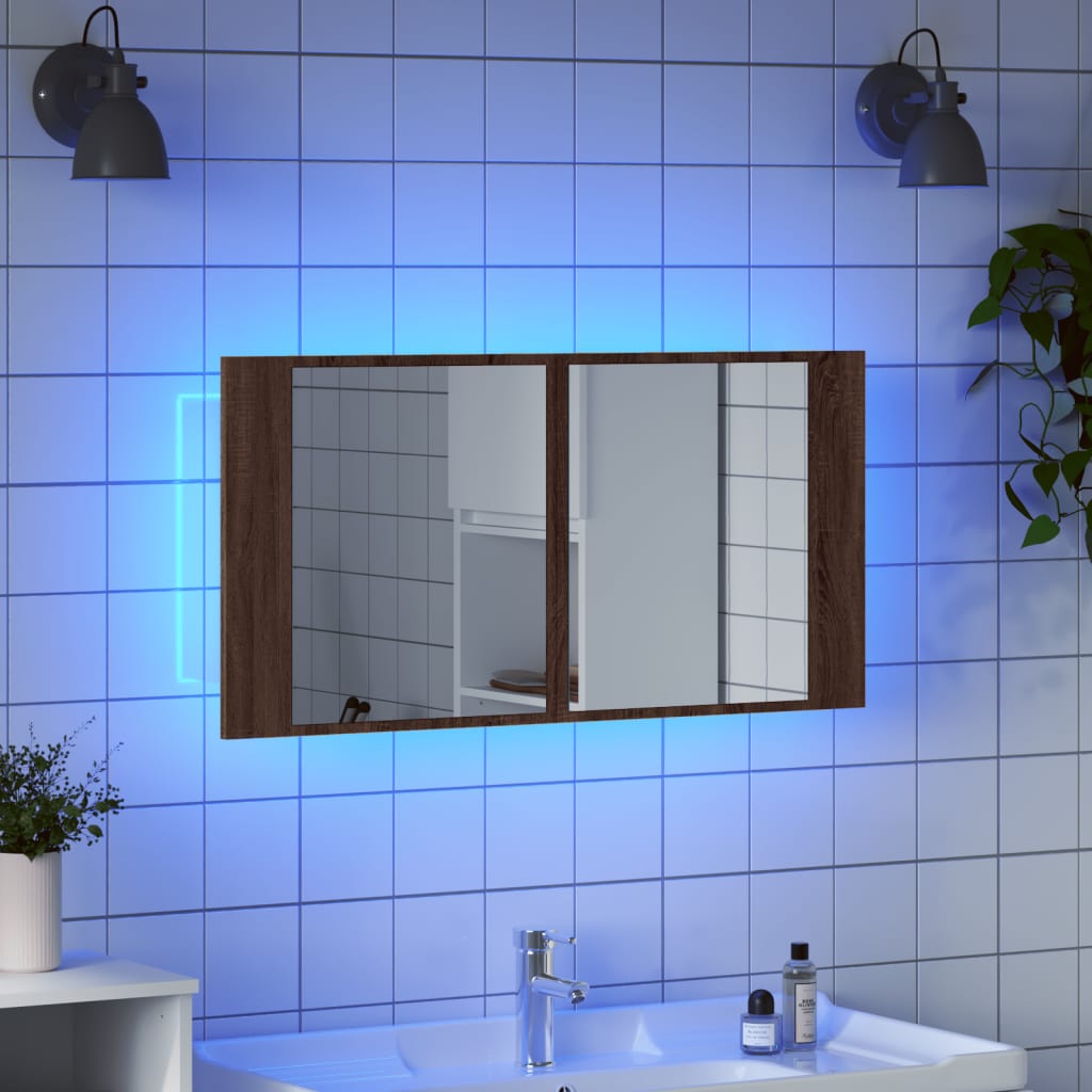 Baderomsspeil LED Skap Brun Eik 90x12x45 cm akryl