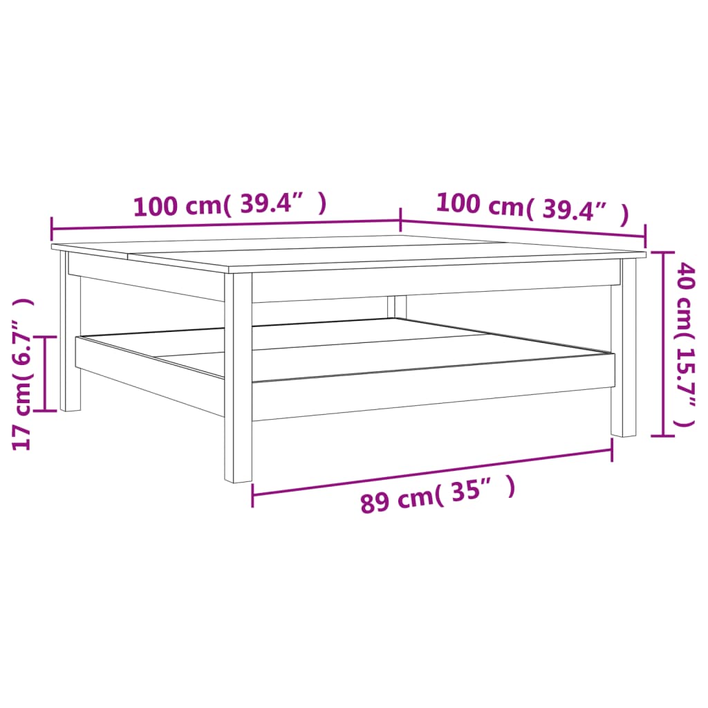 Salongbord Sofabord Tre heltre furu voksbrun 100x100x40 cm