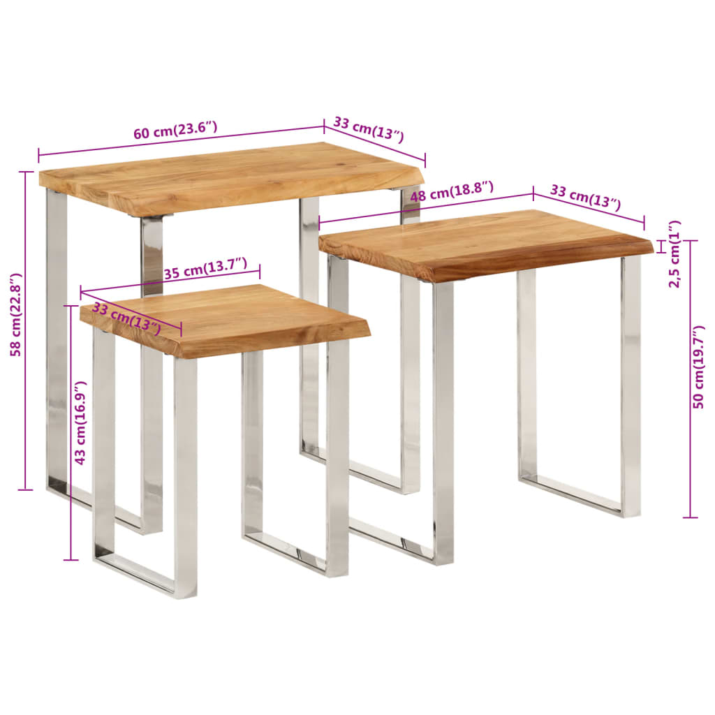 Sidebord Tre Stablebare med naturlig kant 3 stk heltre akasie