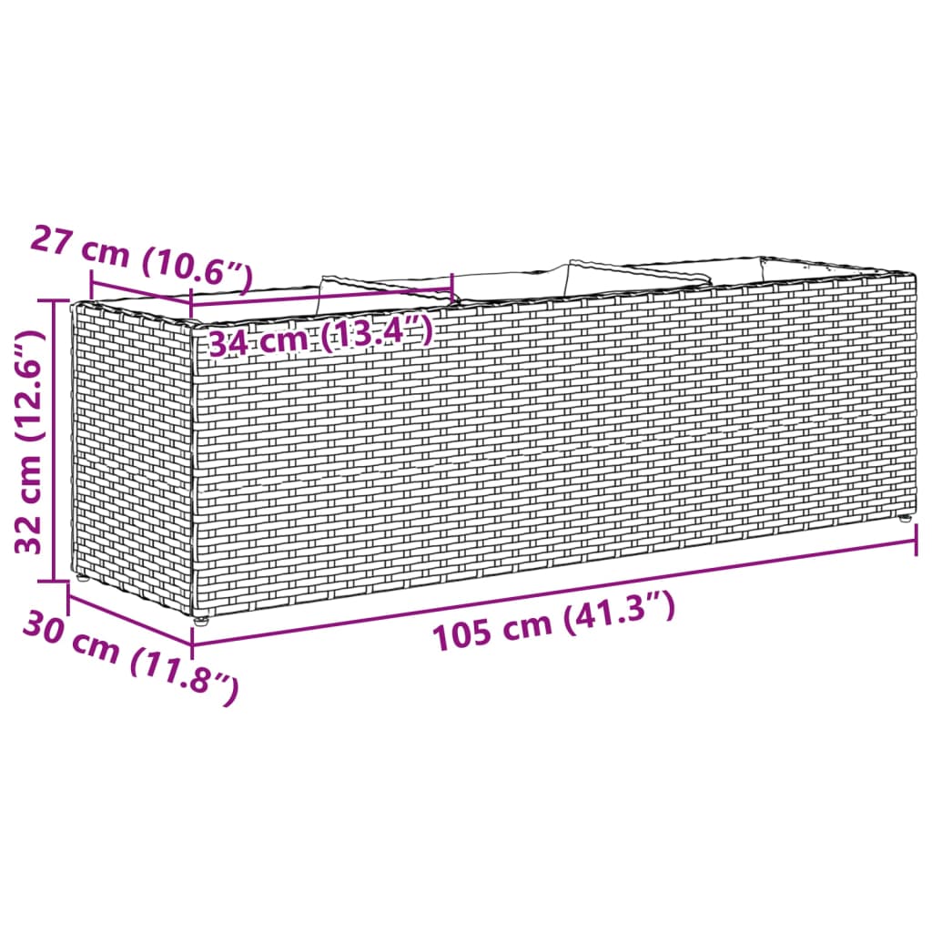 Plantekasse med 3 potter brun 105x30x32 cm polyrotting