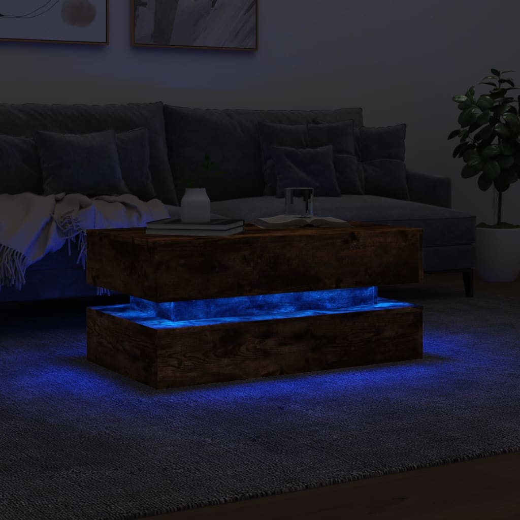Salongbord Sofabord Røkt Eik med LED-lys 90x50x40 cm
