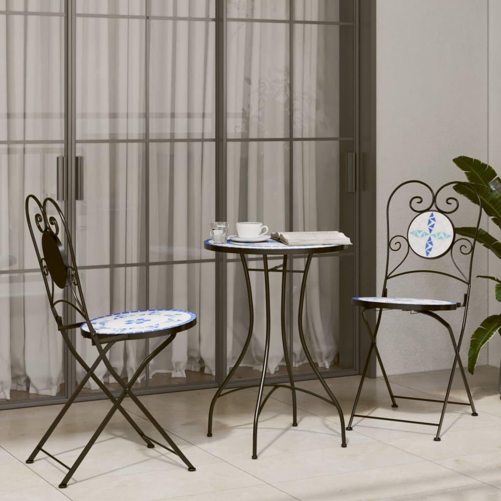 Hagebord Metall Cafébord Mosaikk Bistrobord blå og hvit Ø50x70 cm keramikk