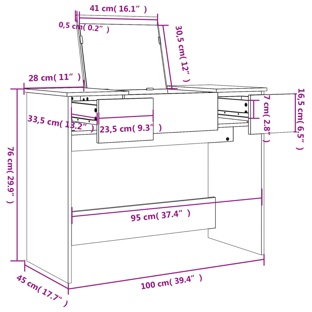 Sminkebord Svart speil 100x45x76 cm