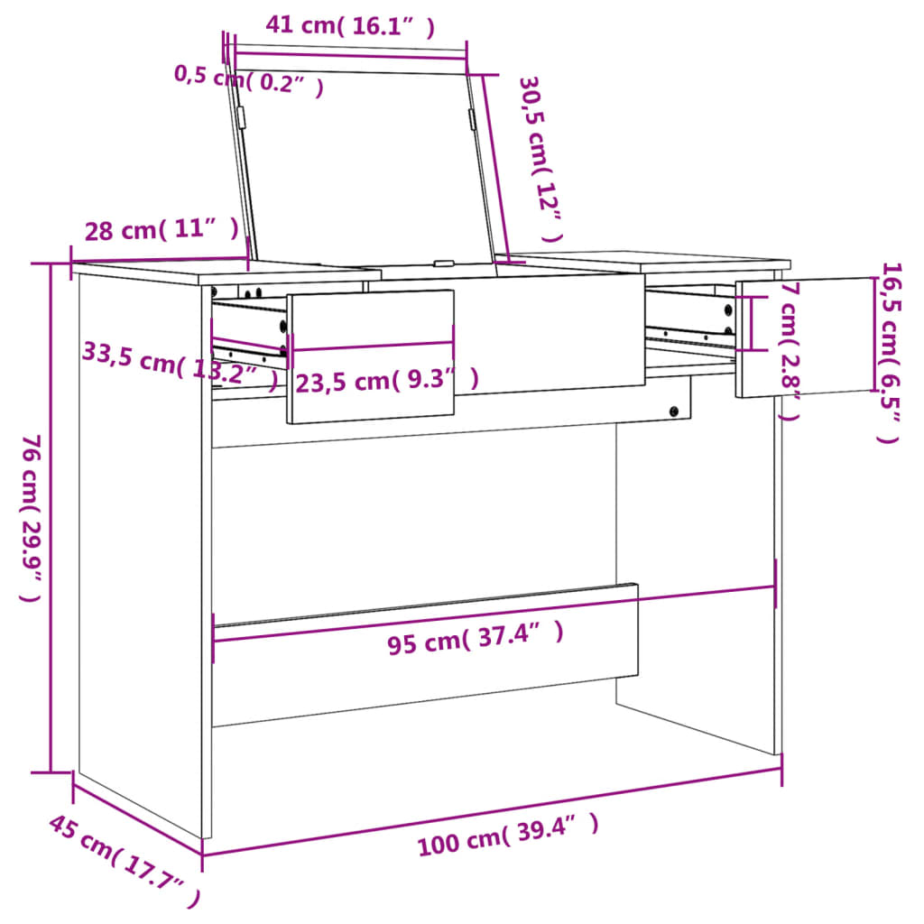 Sminkebord Brun Eik speil 100x45x76 cm