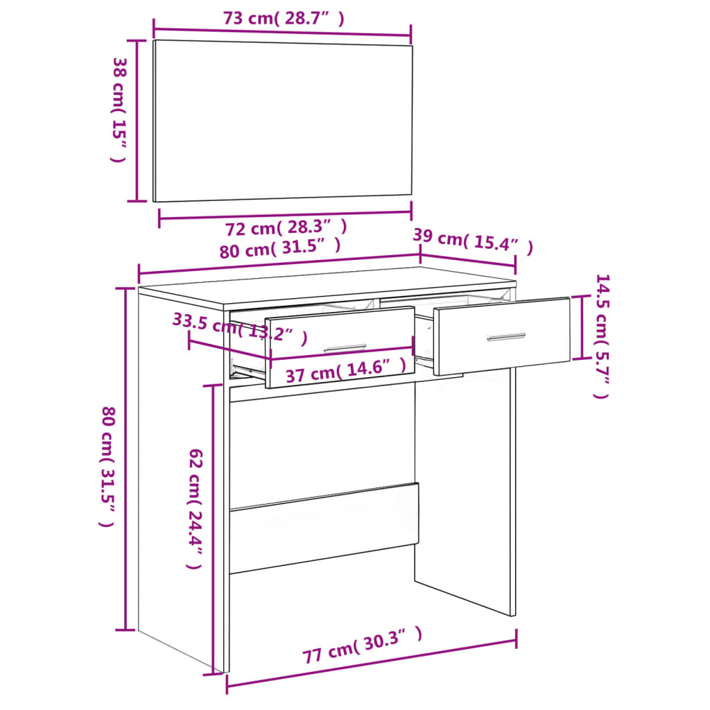 Sminkebord Betonggrå speil 80x39x80 cm