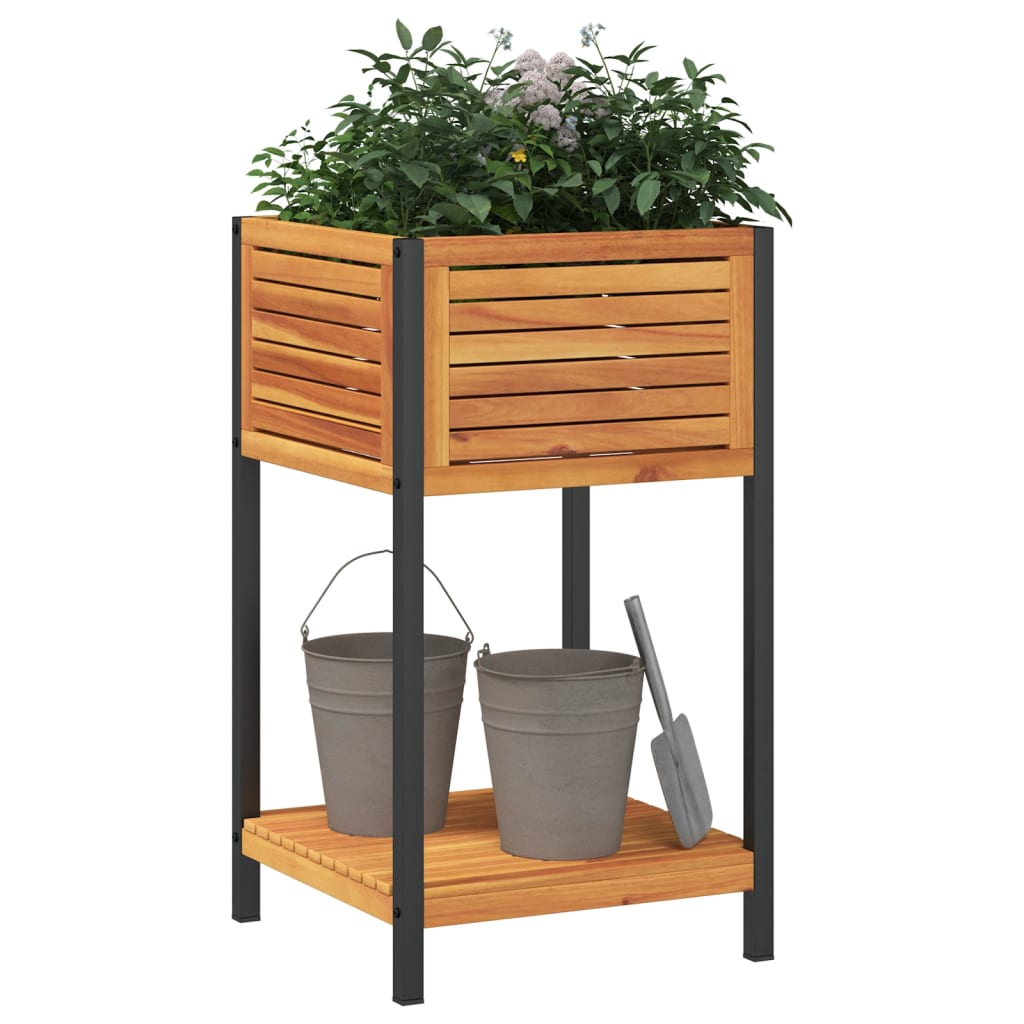 Utendørs Blomsterkasse Plantekasse Tre med hylle 45x45x80 cm heltre akasie og stål