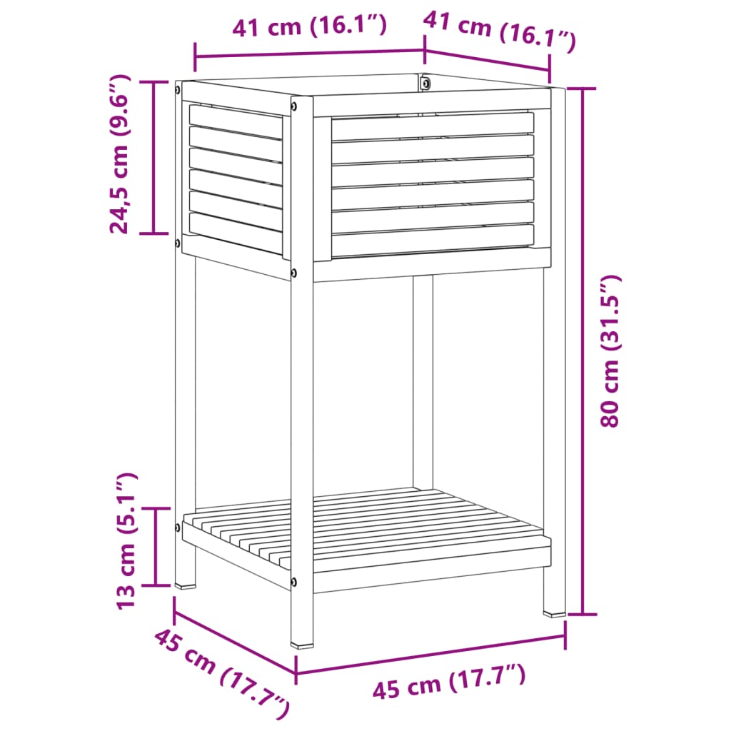 Utendørs Blomsterkasse Plantekasse Tre med hylle 45x45x80 cm heltre akasie og stål