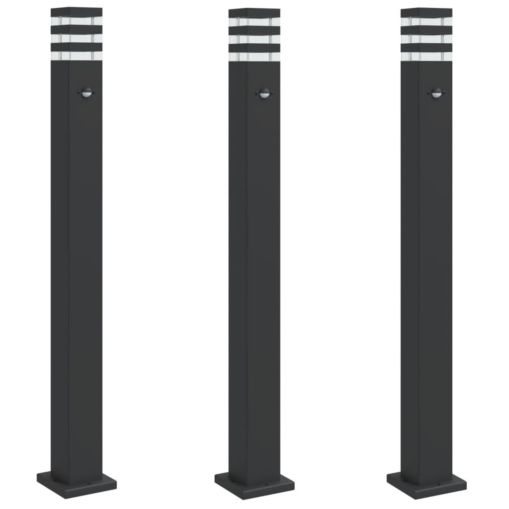 Hagebelysning Lyktstolpe med sensorer 3 stk Svart 110 cm aluminium