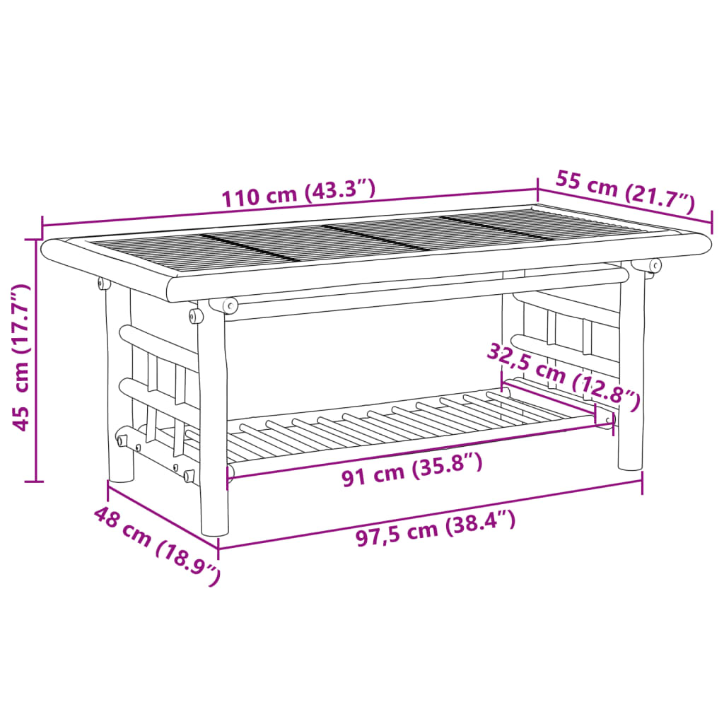 Salongbord Sofabord Tre bambus 110x55x45 cm