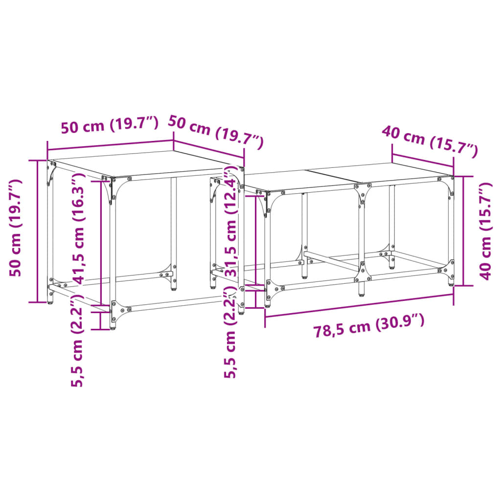 Stablebare salongbord 2 stk med svart glasstopp stål