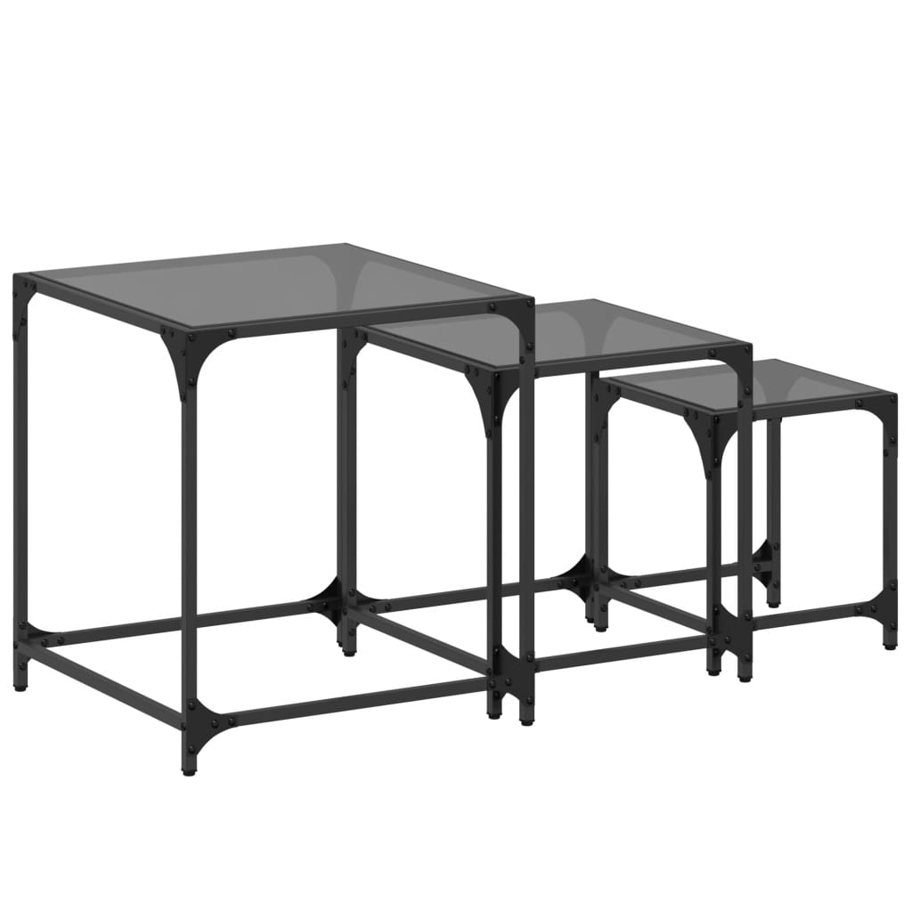 Stablebare salongbord 3 stk med svart glasstopp stål