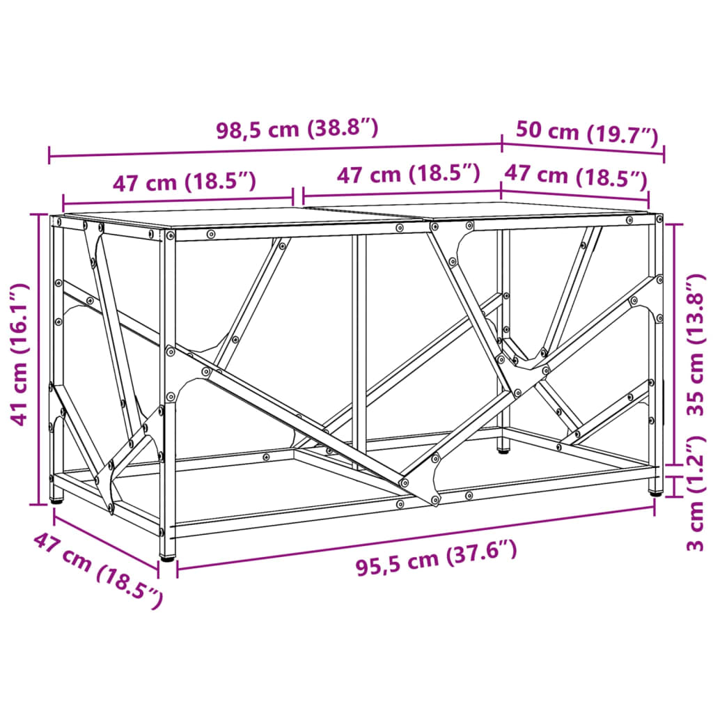 Salongbord Sofabord DIV. med Svart glassplate 98,5x50x41 cm stål