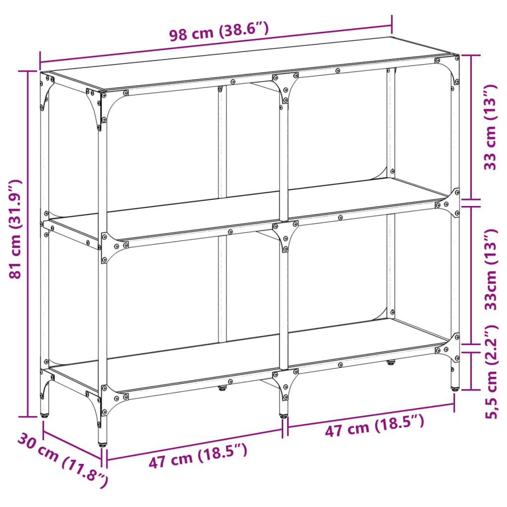 Avlastningsbord konsollbord DIV. med gjennomsiktig glassplate 98x30x81 cm stål