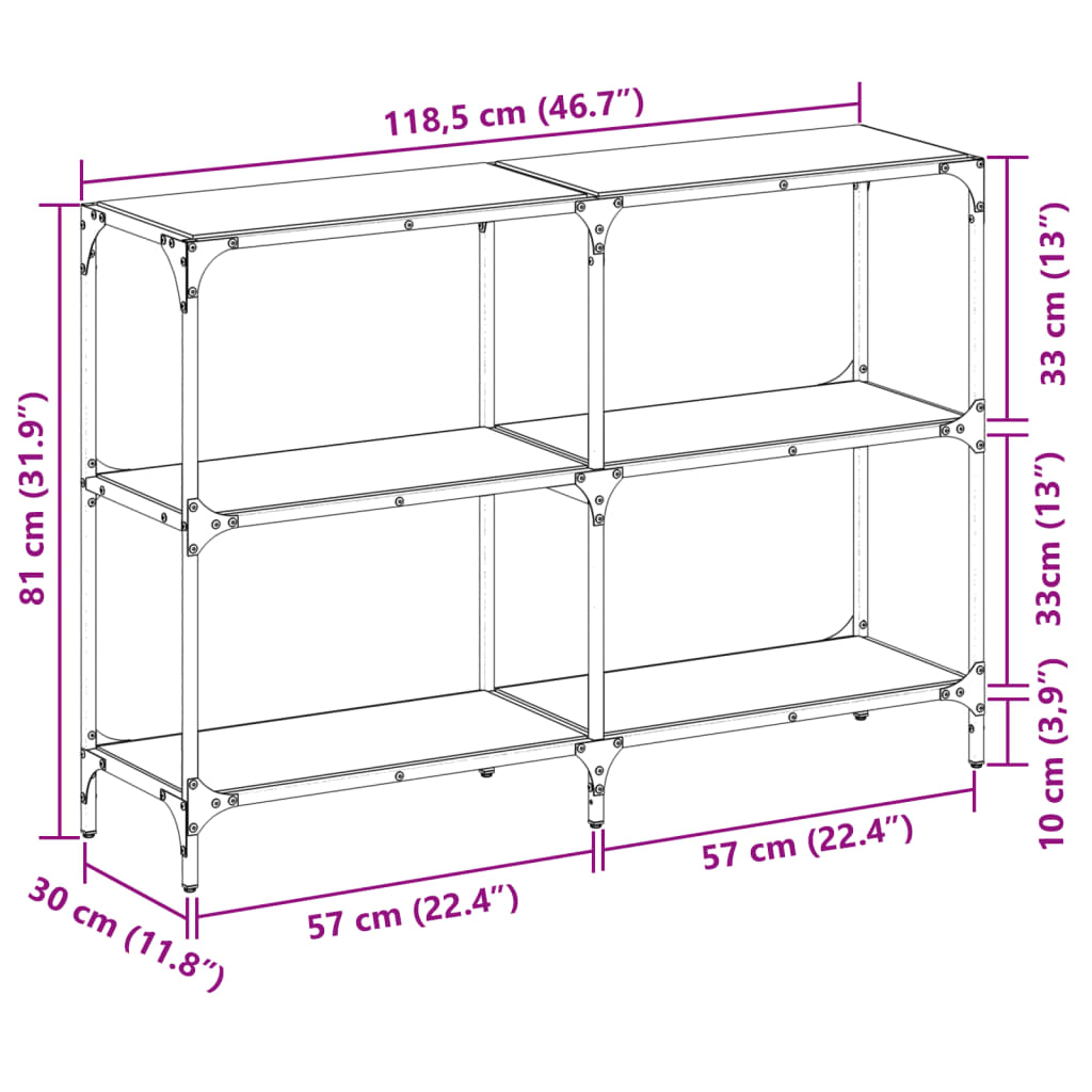 Avlastningsbord konsollbord DIV. med Svart glassplate 118,5x30x81 cm stål