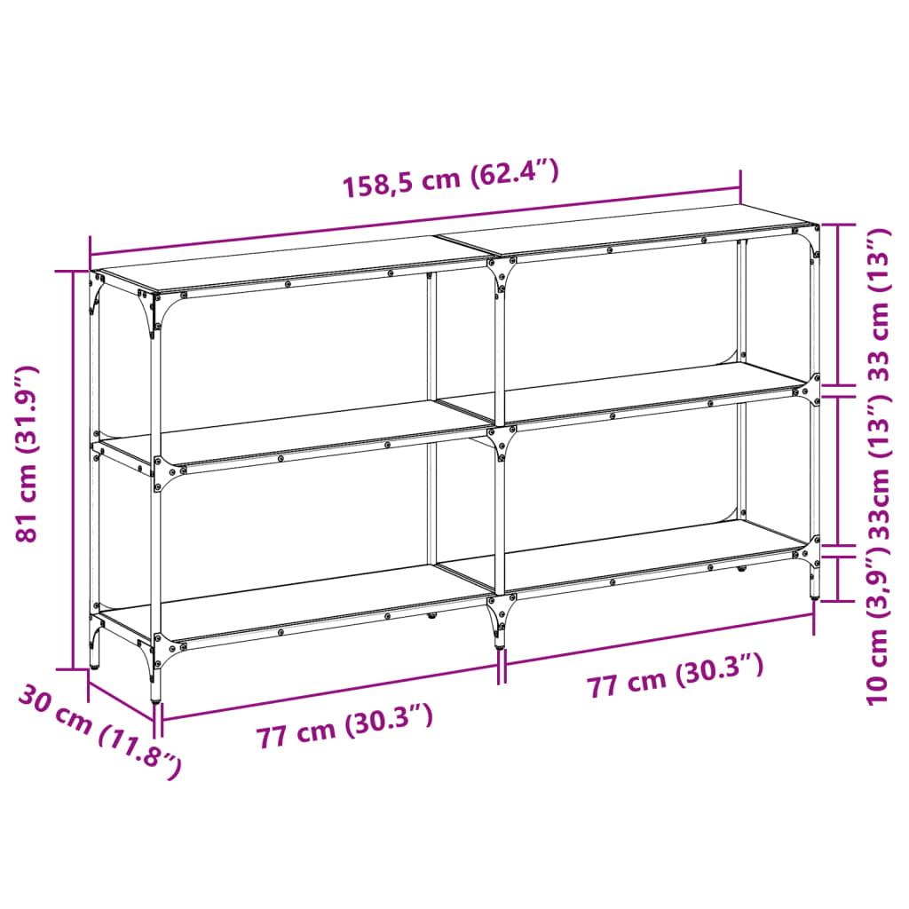 Avlastningsbord konsollbord DIV. med gjennomsiktig glassplate 158,5x30x81 cm stål