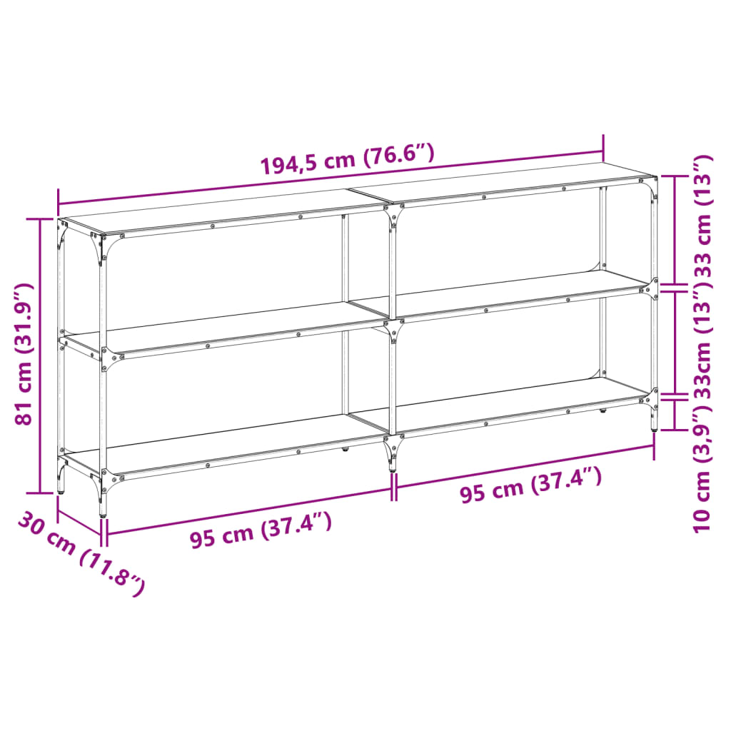 Avlastningsbord konsollbord DIV. med Svart glassplate 194,5x30x81 cm stål