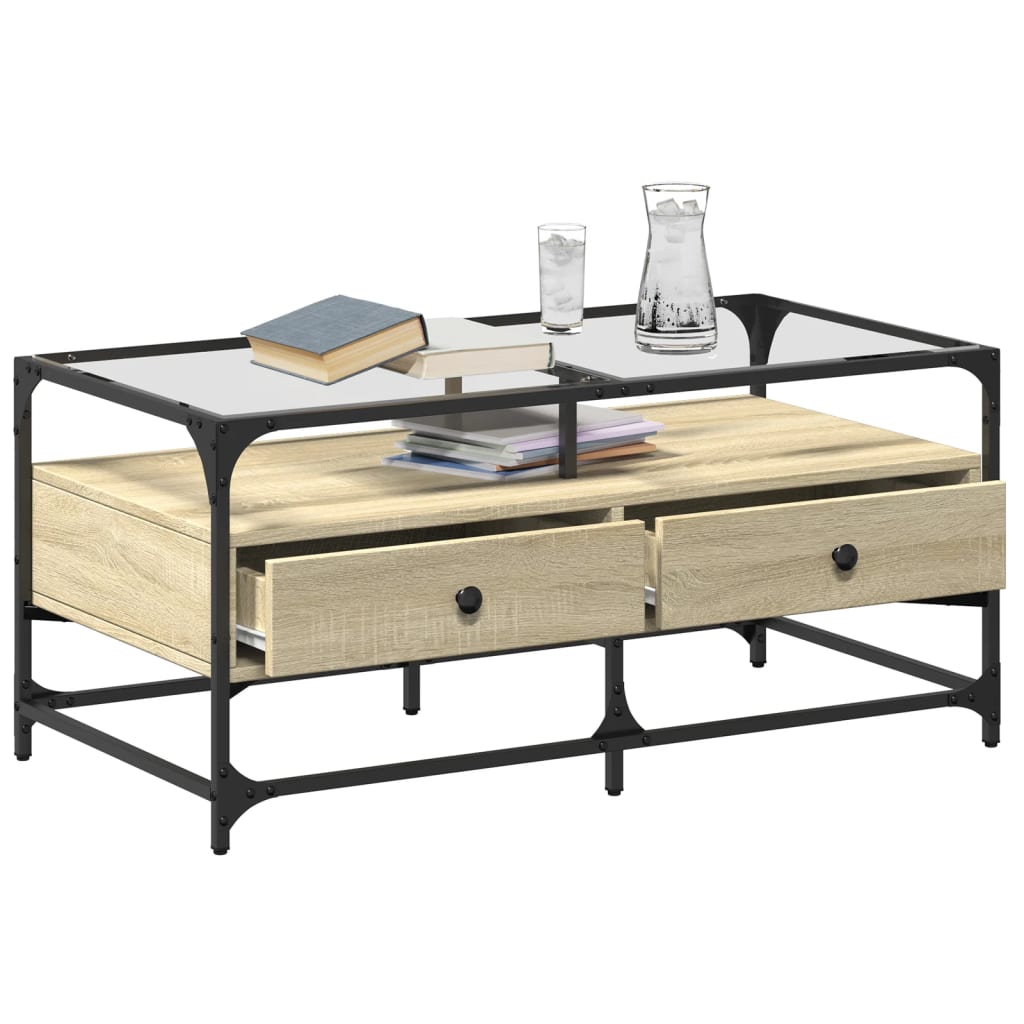 Salongbord Sofabord Sonoma Eik med glassplate 98,5x50x45 cm stål