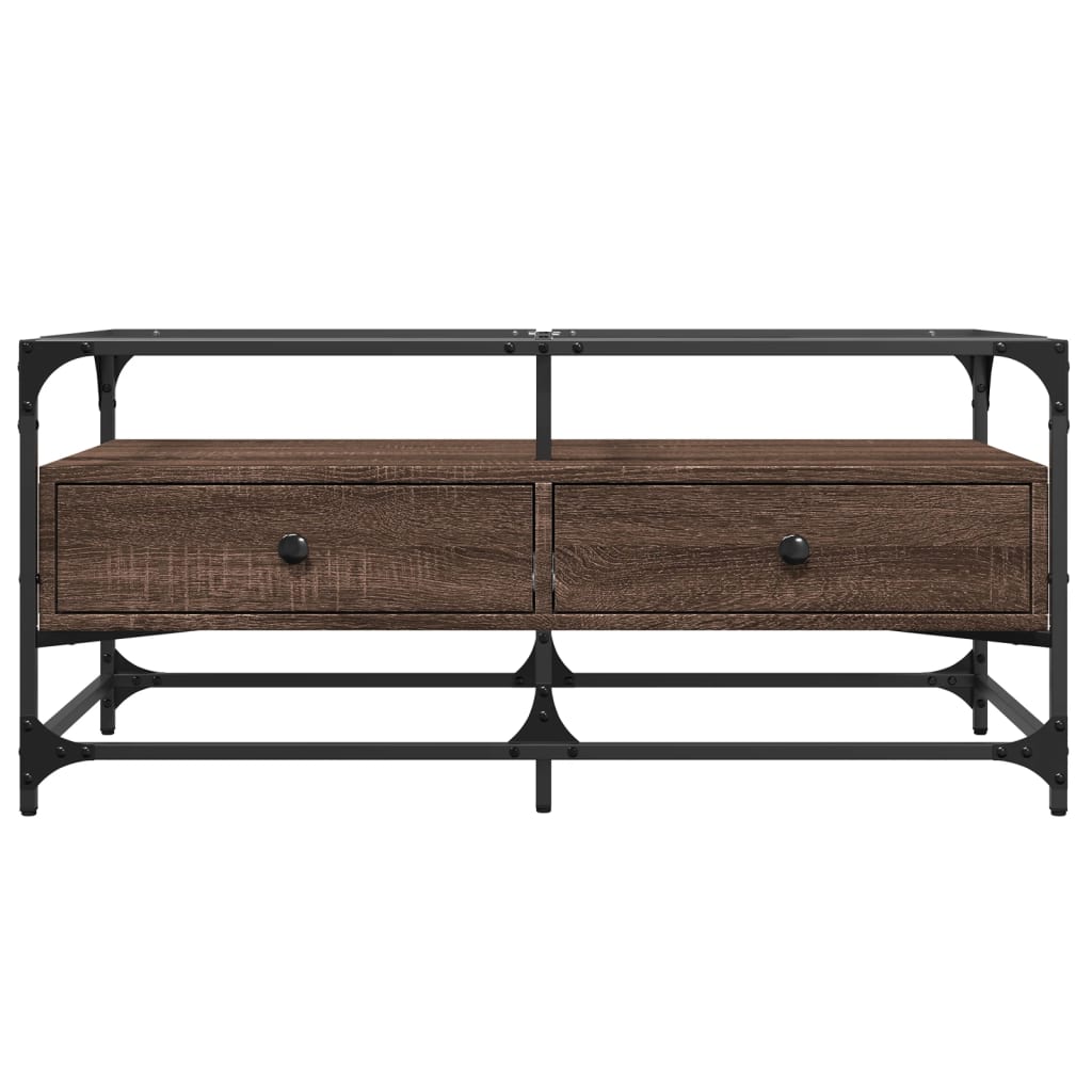 Salongbord Sofabord Brun Eik med glassplate 98,5x50x45 cm stål