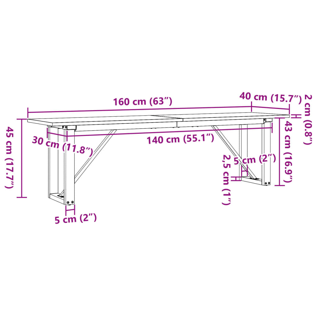 Salongbord Sofabord DIV. O-ramme 160x40x45 cm heltre furu og støpejern