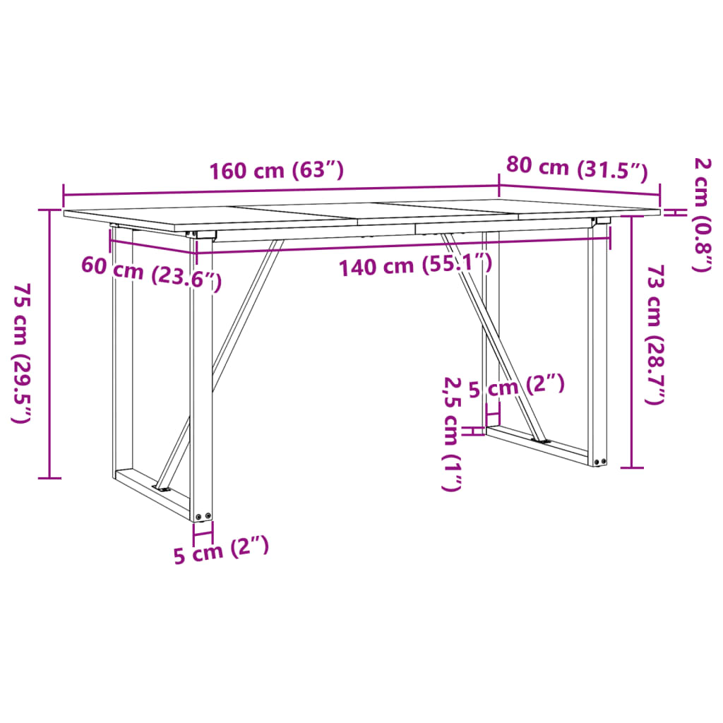 Spisebord O-ramme 160x80x75 cm heltre furu og stål