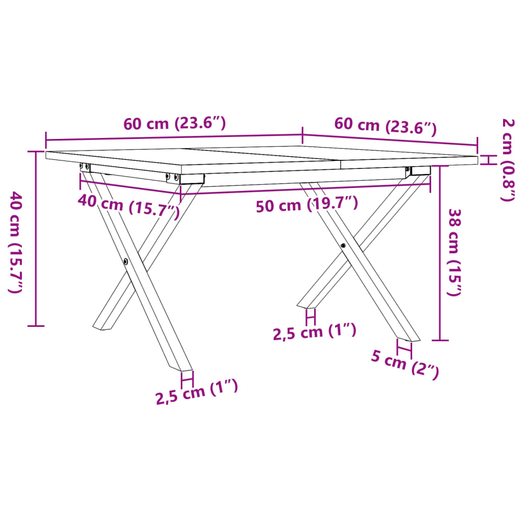 Salongbord Sofabord DIV. X-ramme 60x60x40 cm heltre furu og støpejern