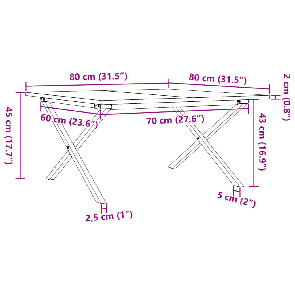 Salongbord Sofabord DIV. X-ramme 80x80x45 cm heltre furu og støpejern