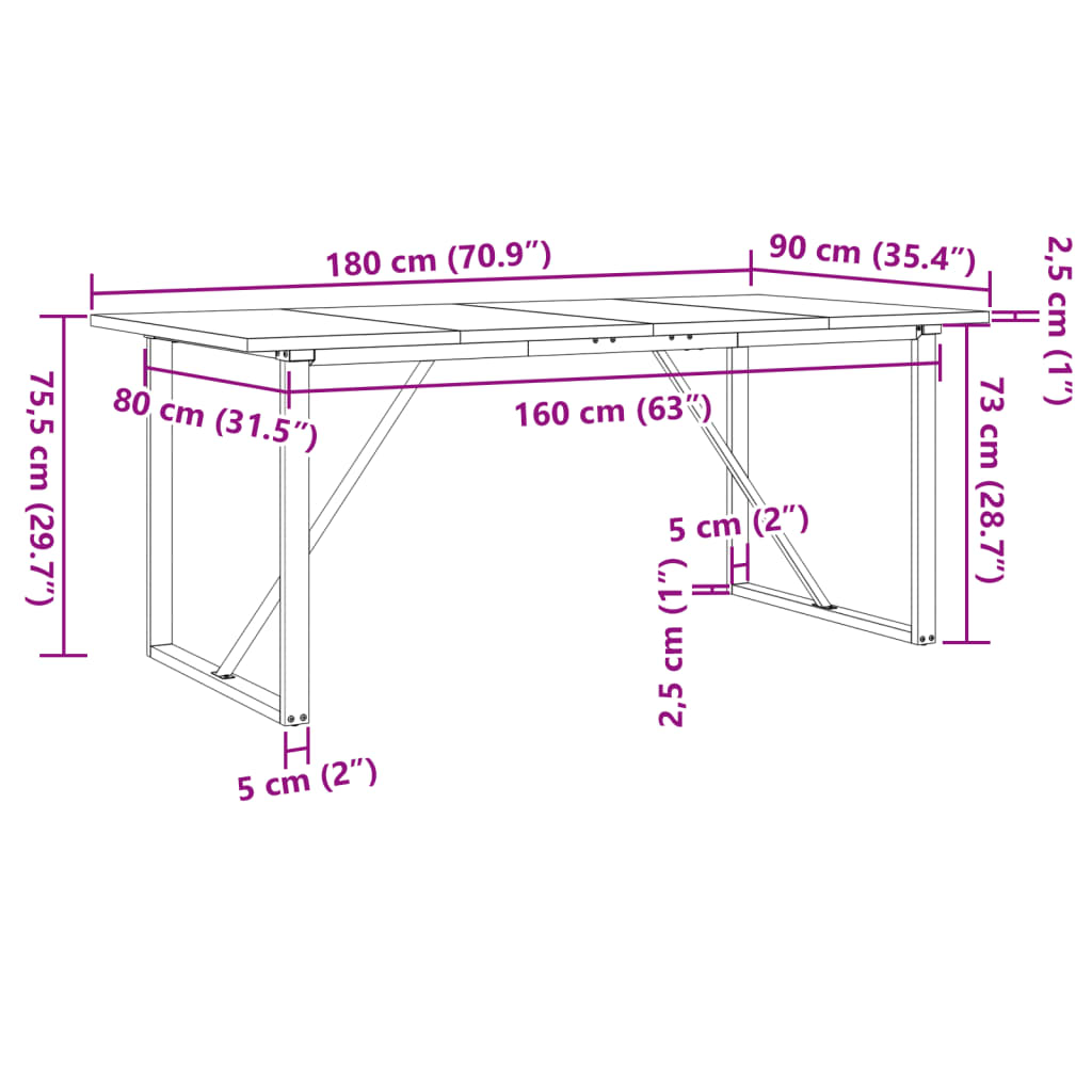 Spisebord O-ramme 180x90x75,5 cm heltre furu og stål