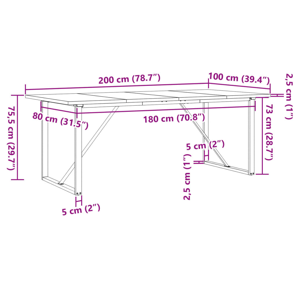 Spisebord O-ramme 200x100x75,5 cm heltre furu og stål