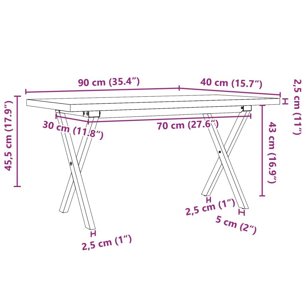 Salongbord Sofabord DIV. X-ramme 90x40x45,5 cm heltre furu og støpejern