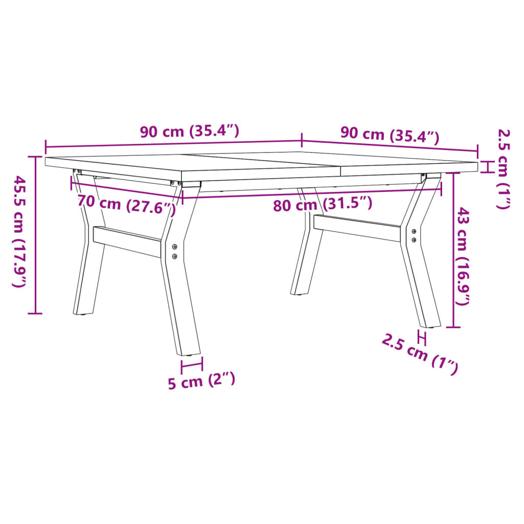 Salongbord Sofabord DIV. Y-ramme 90x90x45,5 cm heltre furu og støpejern