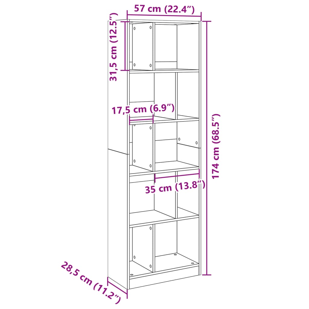 Bokhylle brun eik 57x28,5x174 cm konstruert tre