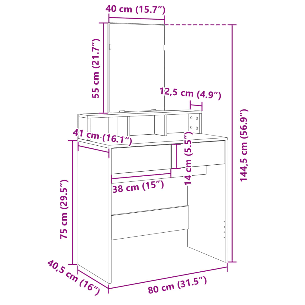 Sminkebord Betonggrå speil 80x41x144,5 cm