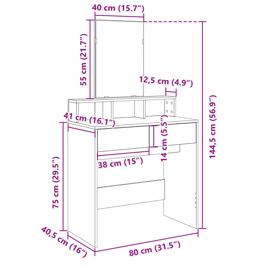 Sminkebord med speil brun eik 80x41x144,5 cm